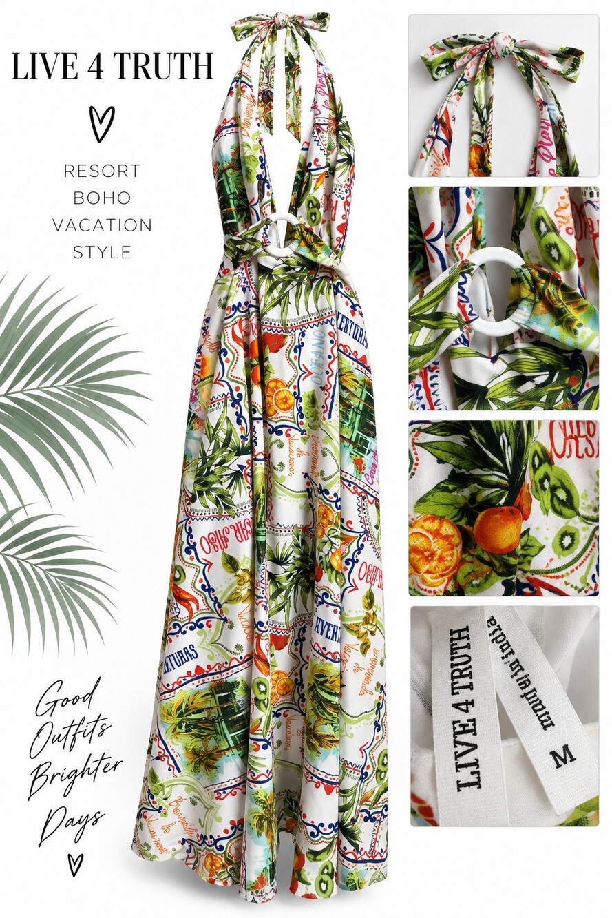 EUC Live 4 Truth White Tropical Halter Maxi Dress Size M Resort Boho